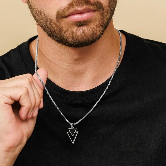✨Men Black Necklace Premium Stainless Steel with Triangle Chain Pendants Jewelry - Picture 7 of 7